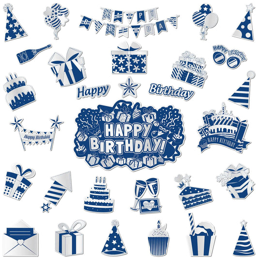 31Pcs Happy Birthday Magnets for Birthday Party Decorations Blue Silver Birthday Car Refrigerator Magnets Happy Birthday Magnetic Stickers Garage Cruise Door Magnets for Metal Surface Kitchen Decor