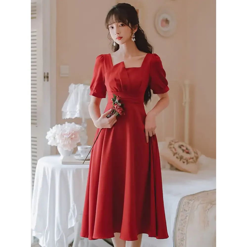 Summer French Red Dress for Women - Versatile Style