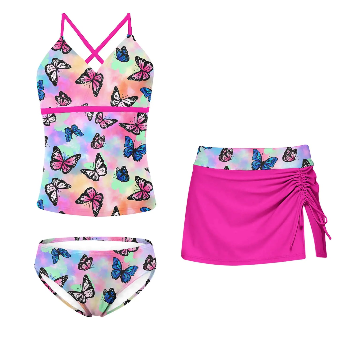 Girls 3 Piece Tankini Swimsuit Set 11-12 Years Teen Girls Butterfly Bikini Teen Bikini Swimwear with Beach Skirts Purple