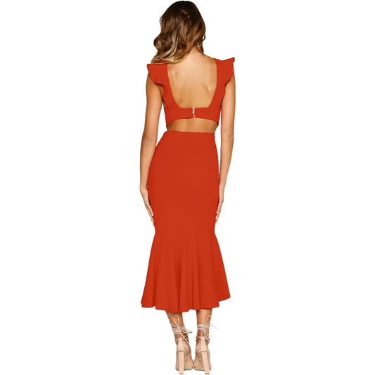 Red Fishtail Princess Ruffled Party Dress