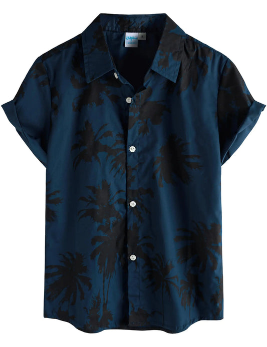 VATPAVE Boys Hawaiian Shirt Short Sleeve Button Down Shirt Summer Beach Shirts for Kids 6-14 Years 14 Navy Coconut Tree