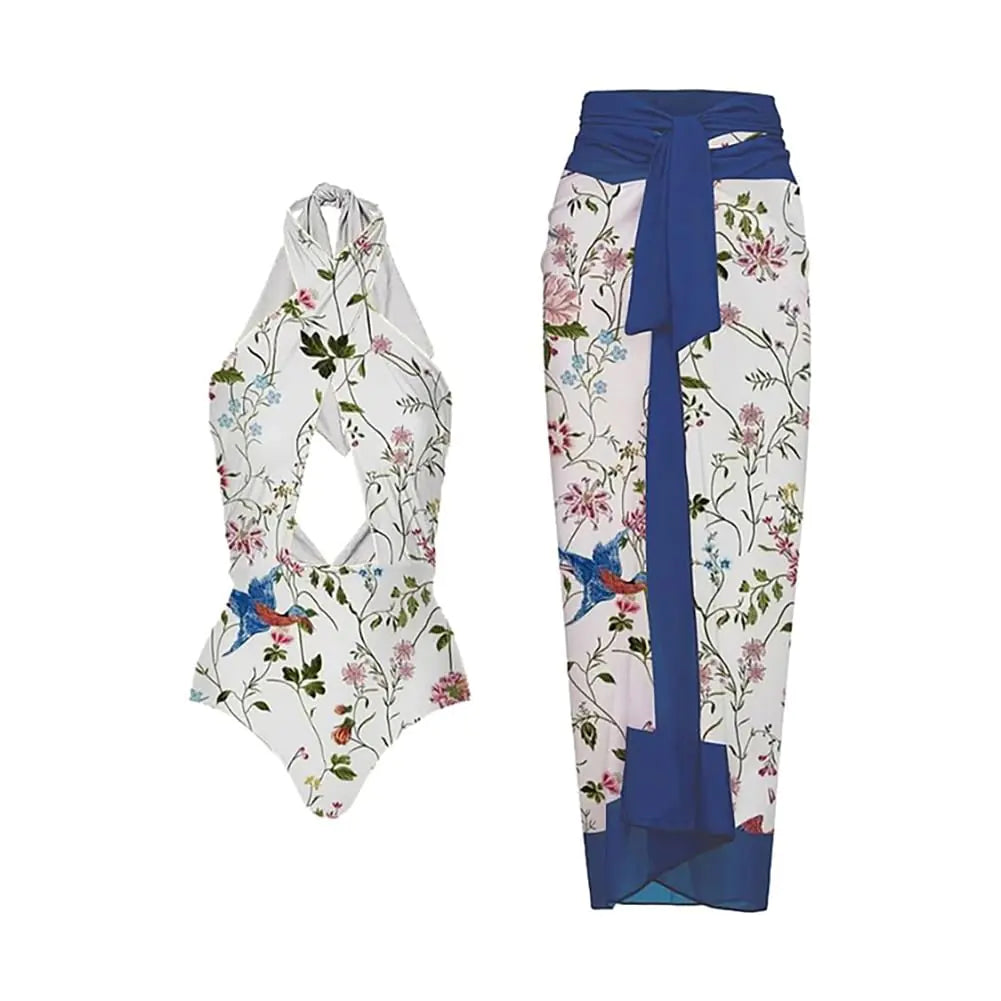 IDOPIP Womens One Piece Swimsuit with Cover up Beach Skirt Floral Printed Swimsuit Bathing Suit Ruffle V-Neck Monokini Swimwear Sarong Coverups Two Piece Bikini Set Beachwear Blue + Floral 2PCS L