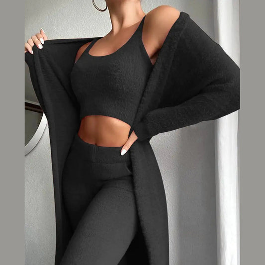 3 Pcs Womens Clothing Fashion Solid Fluffy Plain Crop Top & Skinny Pants & Longline Coat Set Warm Cozy Suit Sets