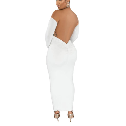 YUEWOO All White Dress for Women Sexy Plus Size Dresses Low Back Dress Backless Maxi Dress M