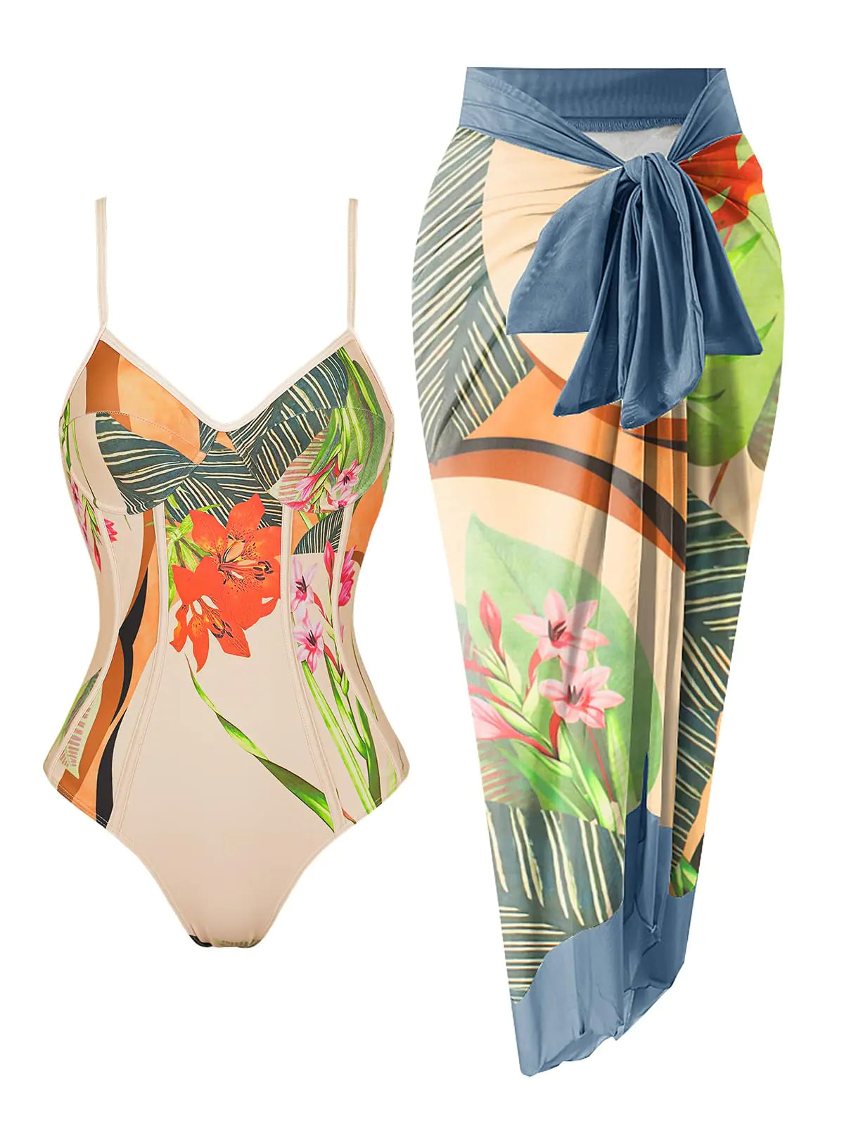 Womens One Piece Swimsuit with Cover Up Print Two Piece Swimsuit Cover Up Set Wrap Sarong Bathing Suit with Beach Coverup V Neck Swimsuit Sets with Matching Wrap Beige Floral Small