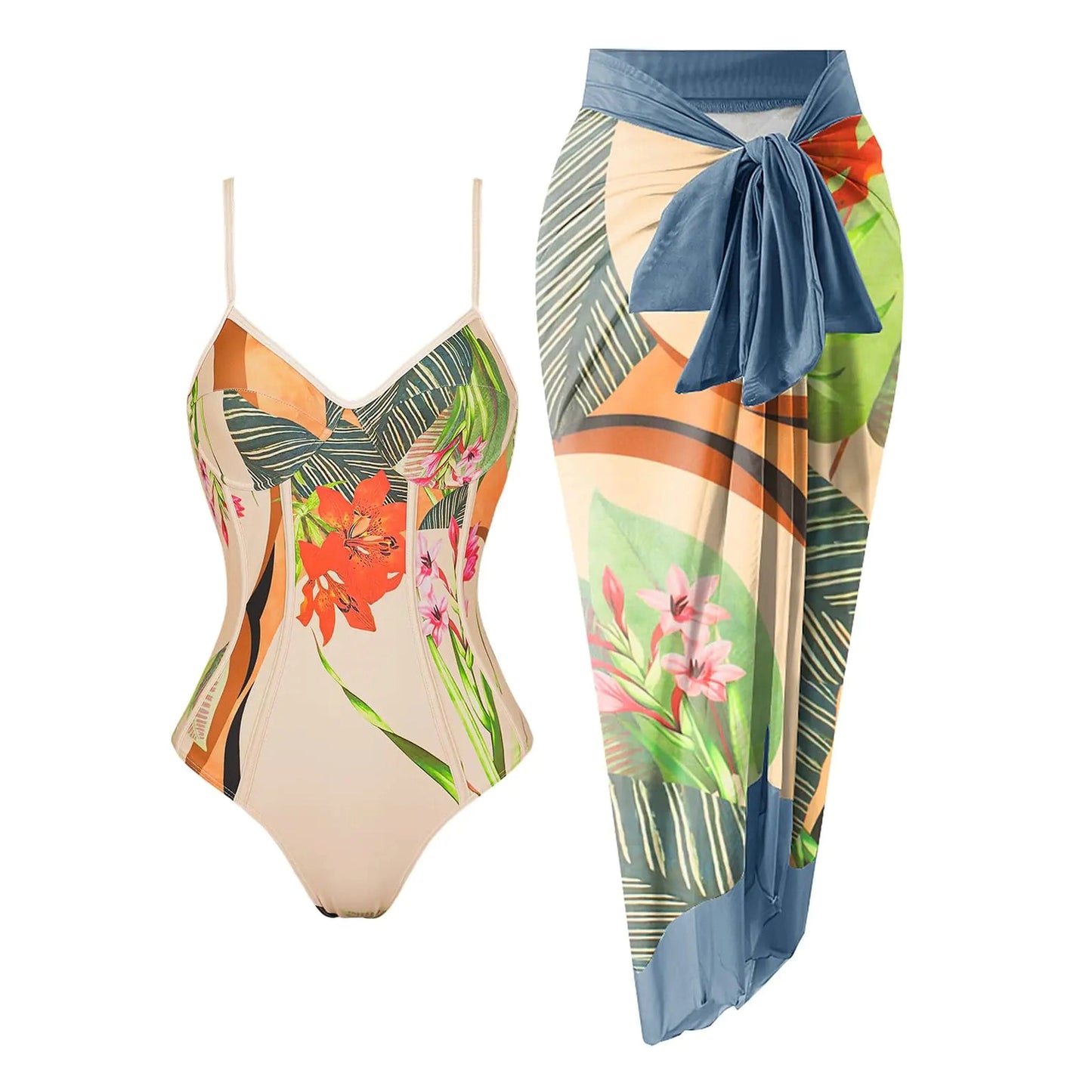 Womens One Piece Swimsuit with Cover Up Print Two Piece Swimsuit Cover Up Set Wrap Sarong Bathing Suit with Beach Coverup V Neck Swimsuit Sets with Matching Wrap Beige Floral Small