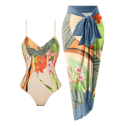 Womens One Piece Swimsuit with Cover Up Print Two Piece Swimsuit Cover Up Set Wrap Sarong Bathing Suit with Beach Coverup V Neck Swimsuit Sets with Matching Wrap Beige Floral Small