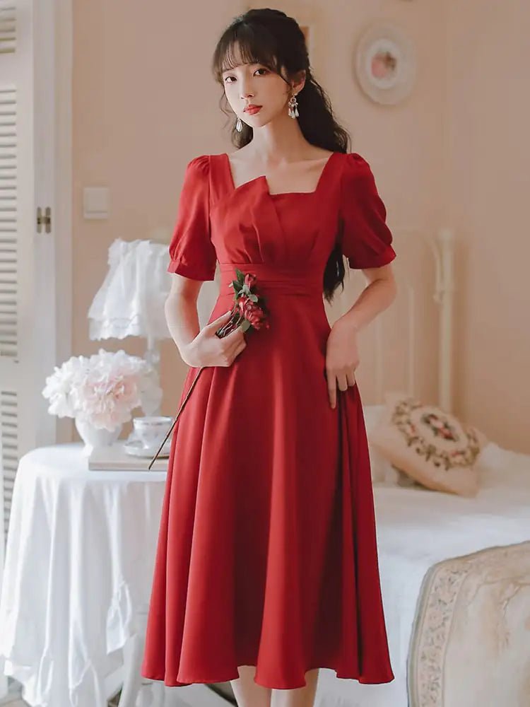 Summer French Red Dress for Women - Versatile Style