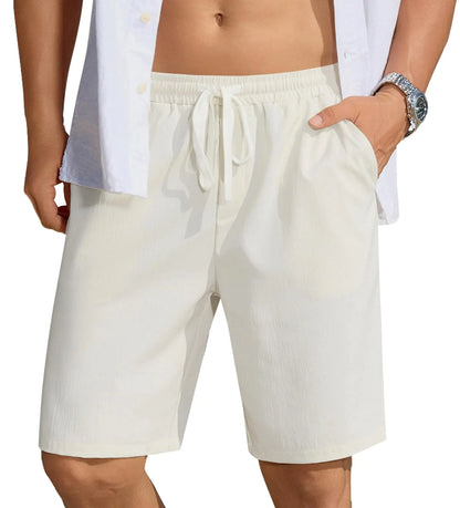 COOFANDY Mens Casual Shorts Elastic Waist Drawstring Shorts Summer Beach Shorts with Pockets White