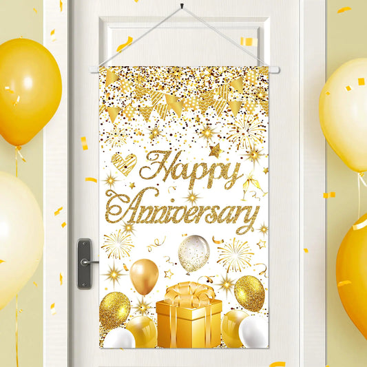 Anniversary Party Decorations White Gold Happy Anniversary Door Banner Sign Small Wedding Anniversary Door Hanging Banner Porch Front Door Decor for Women Men Anniversary Cruise Door Sign Supplies