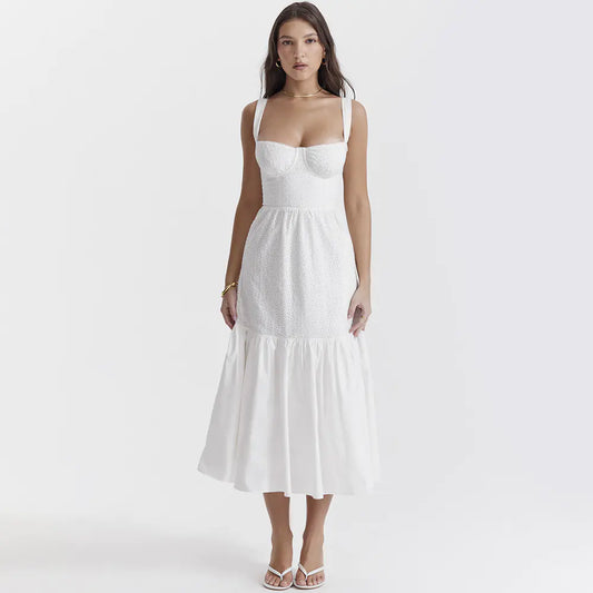 Cotton Linen Jacquard Mid-Length White Dress for Women