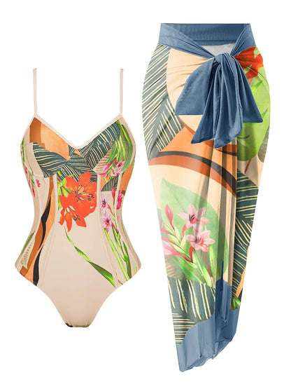 Womens One Piece Swimsuit with Cover Up Print Two Piece Swimsuit Cover Up Set Wrap Sarong Bathing Suit with Beach Coverup V Neck Swimsuit Sets with Matching Wrap Beige Floral Small
